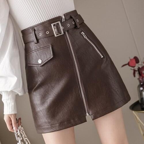 Autumn Winter 2021 New Arrival PU Leather Skirt For Women Clothing Casual Bottoms High Waist Mini Skirts With Belt Front Zipper