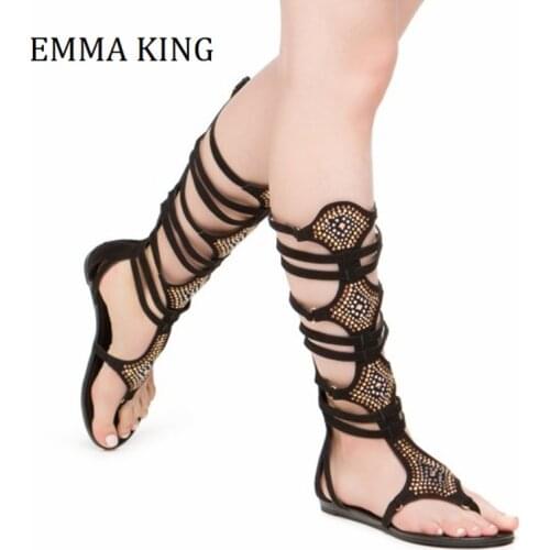 2021 Summer Women Rhinestone Strappy Gladiator Sandals Sexy Open Toe Black Knee High Roman Sandals Woman Flat Beach Sandals 44