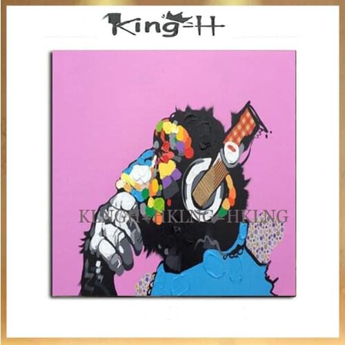 Modern Fine Art Hand-painted Funny Animal Double Thinking Monkey Oil Painting on Canvas Funny Listening Music Monkey Painting