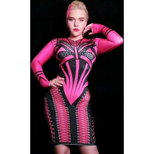 Spandex Nightclub Dress Rose Red Women 2019 Latest Rave Outfits Elastic Long Sleeve Dress Singers Clothes Stage Costume VDB1003