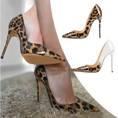 Women Gradient Leopard Print Stiletto Pumps Pointed Toe Mixed-colors Patent Leather Plus Size Shoes Drop Shipping Wedding Dress