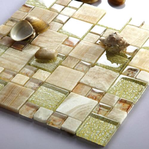 Crystal Glass Mirror Mosaic Rosin Yellow Marble mixed shells Mosaic Tile MD Msaic Tile kitchen living room backsplash