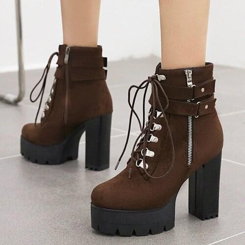 Fashion Platform Square Super High Heel Autumn Winter Women Ankle Boots Lace-up Flock Zip Lady Motorcycle Boots Big Size 33-48