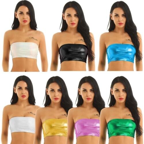 Women PU Patent Leather Strapless Tube Crop Top Sexy Latex PVC Solid Color Backless Mini Bustier Off Shoulder Night Clubwear