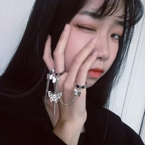Punk Vintage Butterfly Chain Metal Rings for Women 2021 New Fashion Simple Ring Set Hip Hop Female Geometric Ring Jewelry Gifts