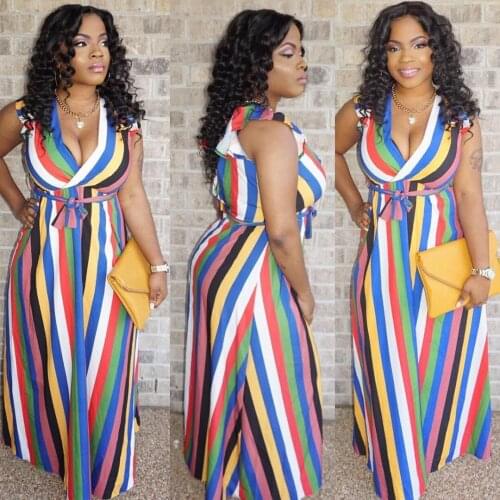Summer New Bohemian Rainbow Vertical Stripes Print Maxi Dress Sexy Deep V-Neck Vestidos Party Long DressStripes Print Maxi Dress