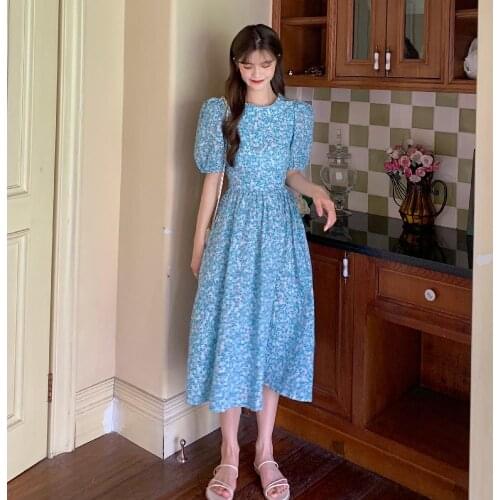 Bella 2021 New Summer Women Fashion Backless Boho Dress Vintage Floral Chiffon Short Puff Sleeve Maxi Dress Beach Party Dress