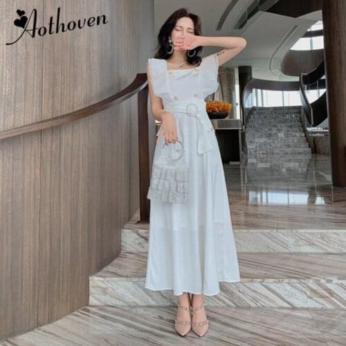 Summer Sexy Party Dresses High-end Women Square Collar Sleeveless Ruffles Elegant Dress Vintage Bandage White Maxi Dress Vestido