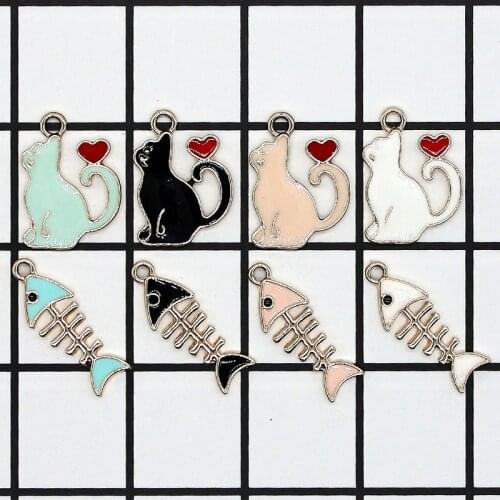 10pcs Cute Cat Enamel Fish bone Charm Alloy Gold Tone Necklace Bracelet Earring Jewelry Making Accessory Findings XL901