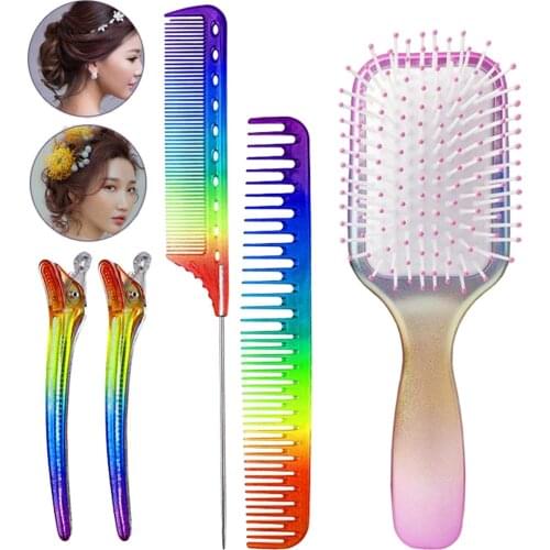 4 PCS Rainbow Wide Tooth Comb Padded Base, No Knots with 2 Clips Used for Combing Hair Styling Hair Brush Kit Detangling Brush