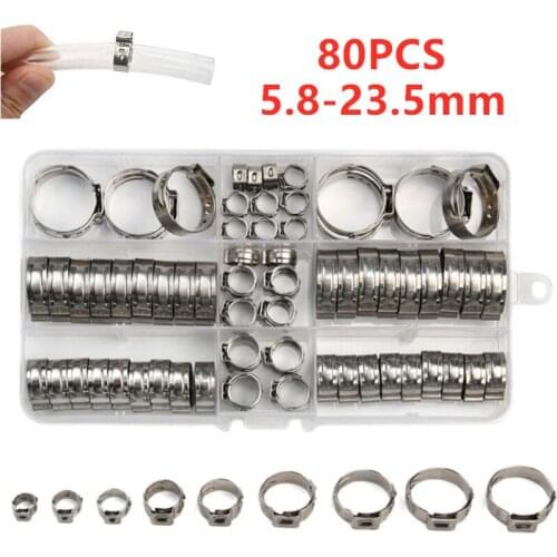80pcs Single Ear Stepless Hose Clamps 5.8-23.5mm 304 Stainless Steel Hose Clamps Cinch Clamp Rings for Sealing Kinds of Hose
