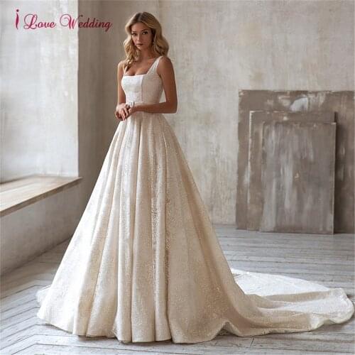 Shiny Wedding Dress Square Collar with Belt A Line Glitter Tulle Bride Gown 2021 vestidos de novia