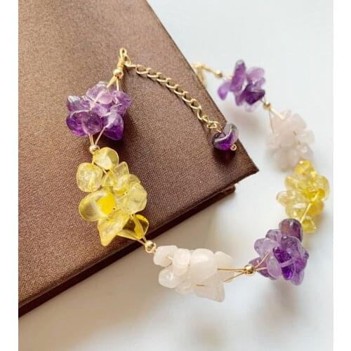 Citrine Purple Pink Quartz Bracelet Chips Crystal Beads Bracelets 14 k Wire Wrapped Handmade Link Jewelry Women Girls Gift 1pc