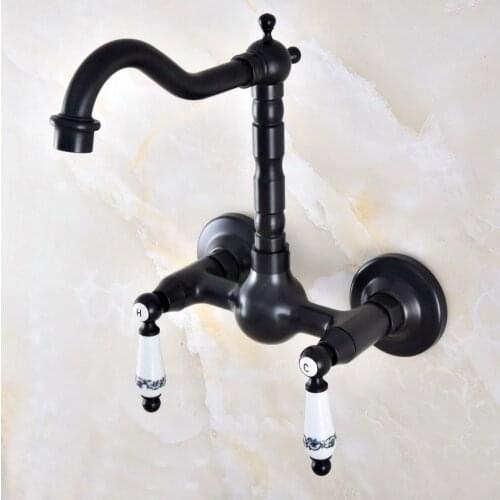 Black Oil Rubbed Bronze Wall Mounted Bathroom Kitchen Sink Faucet Swivel Spout Mixer Tap Dual Ceramics Handles Levers anf866