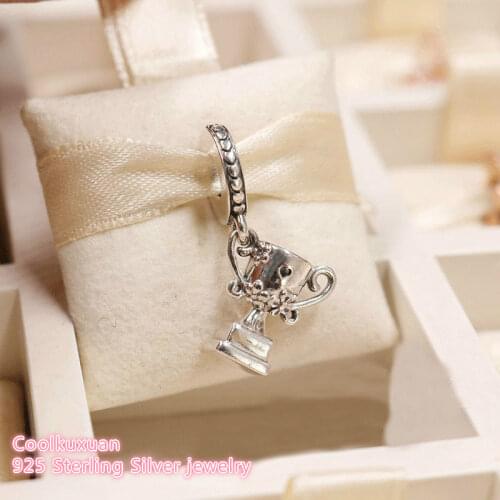 Mothers Day 925 Sterling Silver Achievement Trophy Dangle Charm, Pink Crystal & Lilac Enamel Fit Pandora Charms Bracelet