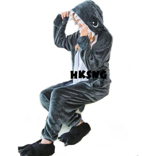 HKSNG New Animal Adult Grey Shark Onesie Pajama High Quality Flannel Family Party Costumes Jumpsuits Kigurumi