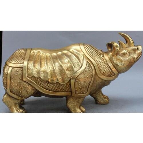 18" Chinese Fengshui Bronze Carving Lucky Rhinoceros Ox Animal Statue Sculpture