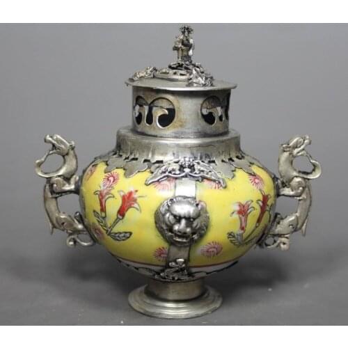 CHINESE OLD PORCELAIN HANDWORK PAINTING DRAGON INCENSE BURNER Garden Decoration 100% real Tibetan Silver Brass