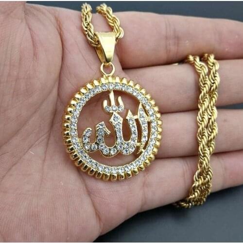 Classic Religious Style Round Allah Logo Pendant Necklace Gold Color High Quality Metal Rhinestones Necklace Islamic Jewelry