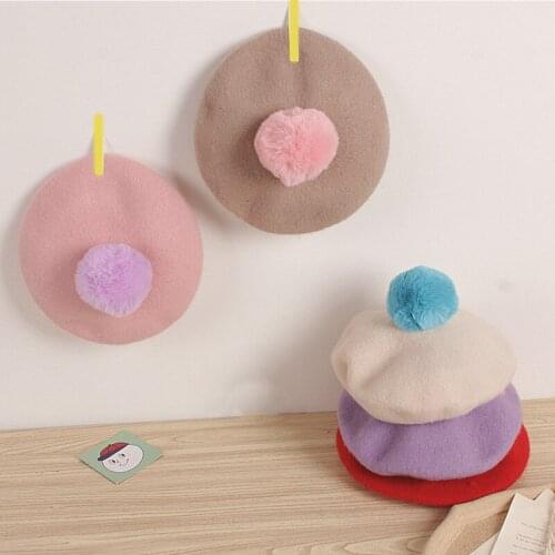 Cute Children Girls Wool Beret Hat Cap Fur Ball Warm Winter Hats for Girl Kids 2020 Painter Cap Child Girl Hat 2-6 Years Old