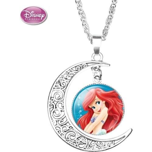 NEW Disney Mermaid Frozen 2 Love Necklace Childrens Cartoon Elsa Princess Anna Moon Shaped Pendant Girl Necklace Kids Gifts