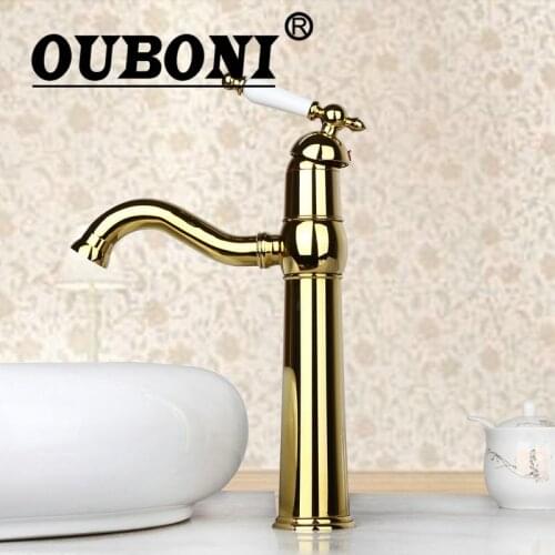 OUBONI Golden Plated Bathroom Sink Faucet One Hole Tap Deck Mount Wash Basin Sink Faucet Mixer Spray Tap