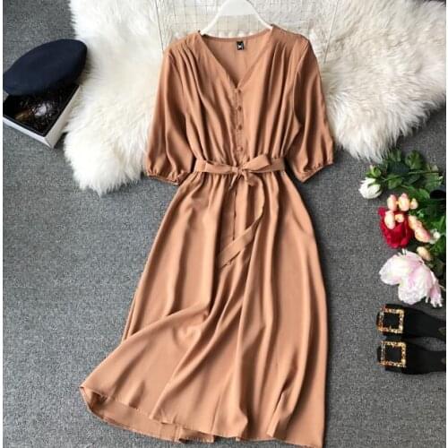 Womens spring summer short sleeve v neck A-Line dress female casual belt dress TB1038