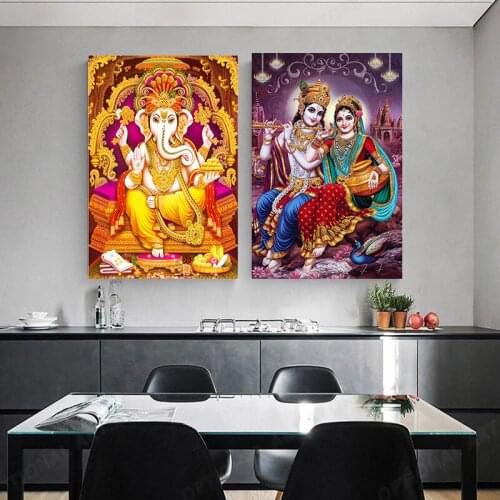 Golden Lord Ganesha Canvas Posters and Prints Canvas Painting India Religion Wall Art Pictures for Living Room Decor