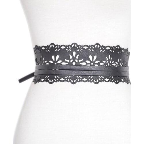 Women Hollow Pu Belt New Pattern Wide Bow Belts for Women Black Long Waistband Female Dress Fashion