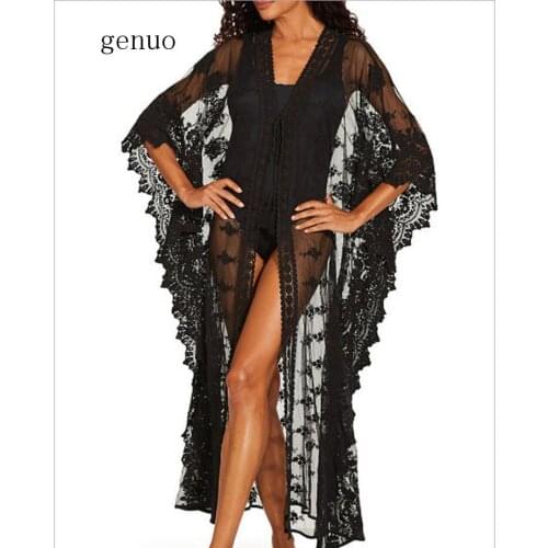 Sexy Mesh Lace Beach Cover Up Women Bikini Cover Up Long Tunics Cardigan Swimsuit Swimwear Bathing Suit Cover-Ups Beachwear