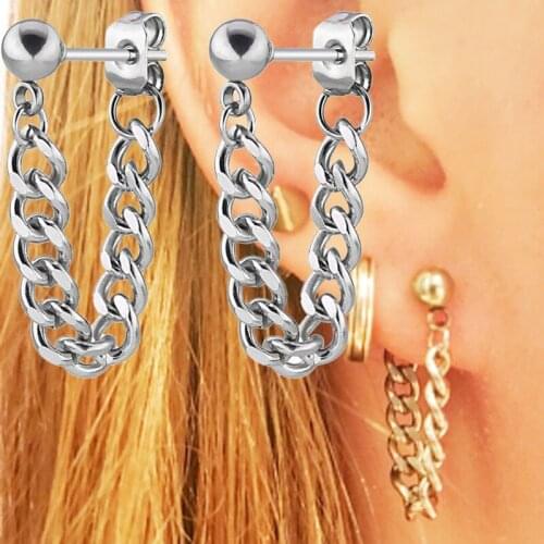2 pieces Black Silver Punk Rock Post Stainless Steel Chain Stud Earring Men Piercing Korea Jewelry