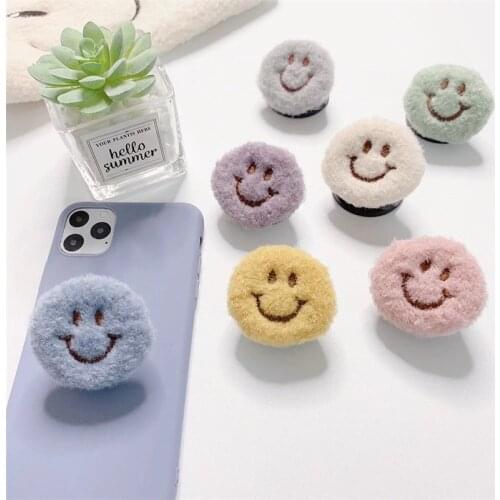 Cute Plush Smiley Foldable Smartphone Stand for New IPhone SE 2020 Samsung S20 Ultra Griptok Finger Phone Holder Soporte Celular