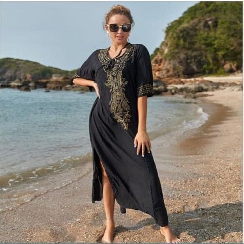 Embroidery Kaftan Beach Tunic Cotton Beach Cover up Saida de Praia Swimsuit Women Bikini cover up Pareo Sarong Beachwear
