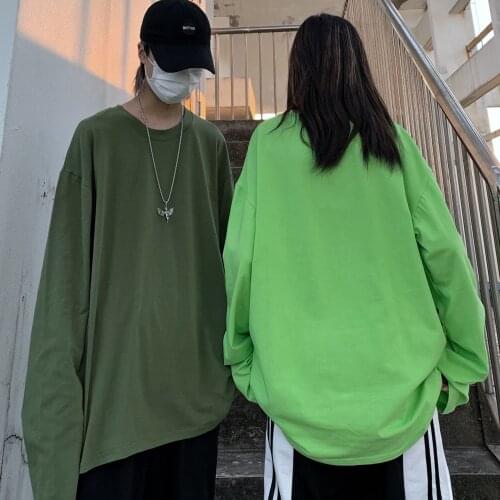 High Street Hip-Hop Unisex Minimalist Solid Color T-Shirt For Teenagers Long-Sleeved Female Tops Grunge Emo Harajuku Clothes