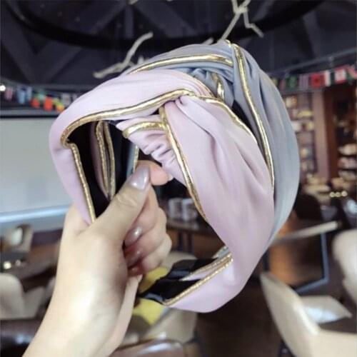 Fashion boutique hair accessories womens simple satin fabric gold rim middle knot hook hook cross wide side hairband headband
