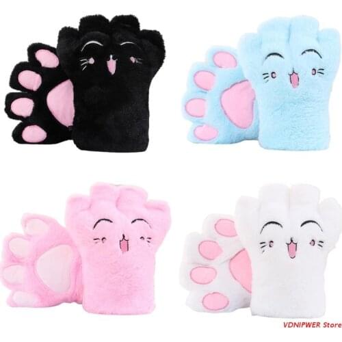 Women Lolita Anime Cartoon Cat Paw Embroidery Half Finger Gloves Winter Warm Plush Stuffed Cosplay Fingerless Mittens