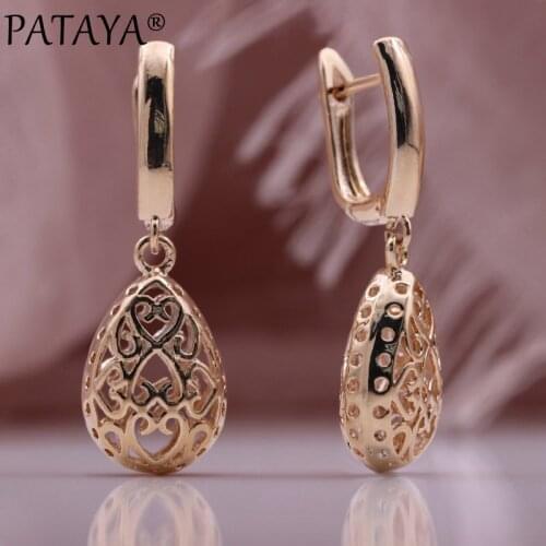 PATAYA New Lovely Hollow Glossy Water Drop Earrings 585 Rose Gold Long Earrings Women Gift Cute Metal Vintage Fashion Jewelry