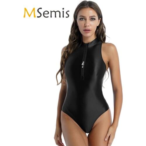 Womens Ladies Swimsuit One Piece Glossy Sleeveless Lingerie Bodysuit Solid Color Double Zipper Front Leotard Swimwear Nightwear