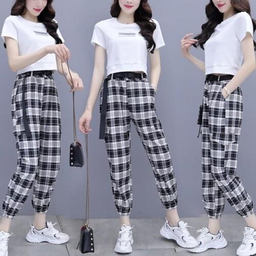 Summer women 2 piece set top and pants loose high waist casual Pants suit fashion plaid ensemble femme survetement