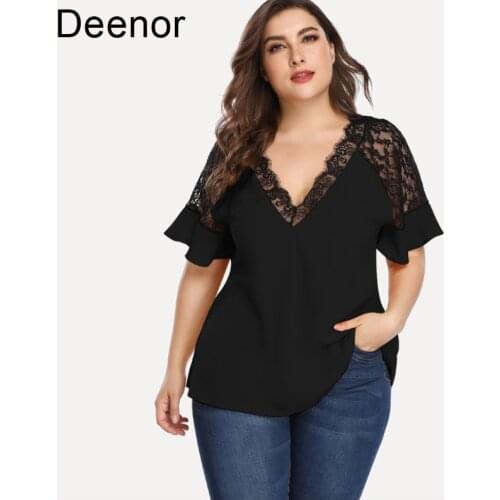 Deenor Plus Size Womens Tops 2021 New Lace Stitching Sexy Bottoming Top V-neck Casual Womens T-shirt Solid Color Femme Wear