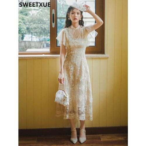 SWEETXUE Summer Embroidery Long Dress Women Mesh Fashion Fairy Sexy Ruffles Flare Sleeve Mesh Flower Princess Elegant Robe Femme