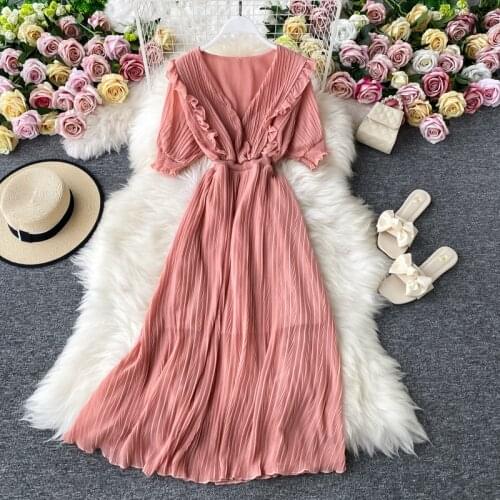 Summer Dress 100% Chiffon Dress Women Clothes 2021 new fashion Ruffles Middle length Dresses Vinatge Elegant Ladies Vneck NC9Z