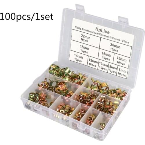 100Pcs/set 6-22mm Q673B Vacuum Spring Fuel Oil Water CPU Hose Clip Pipe Tube for Band Clamp Metal Fastener Assortment Kit