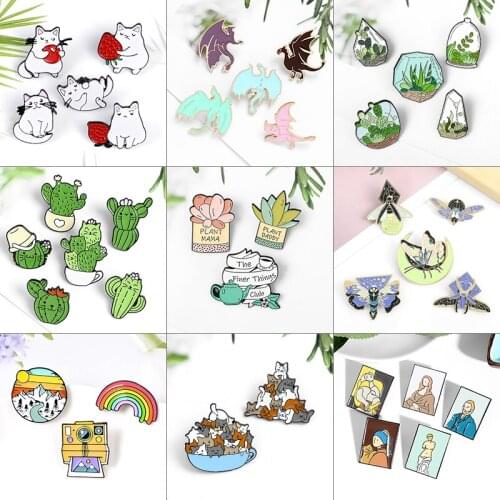 2~6 Pcs/Set Plant Animal Brooch Enamel Pin Luminous Butterfly Moth Potted Cat Dinosaur Rainbow Origami Lapel Badge Jewelry Gift