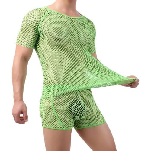 2PC Sexy Underwear Set Mens Mesh Undershirts Boxer Shorts Gay Transparent Short Sleeve Undershirt Tee Tops Boxershorts Cuecas