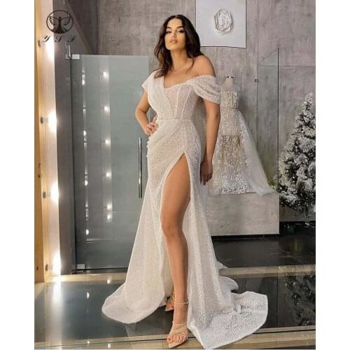 2021 Sexy Vestidos De Novias Off the Shoulder Sweetheart Short Sleeve Pleated Mermaid Thigh Wedding Dresses