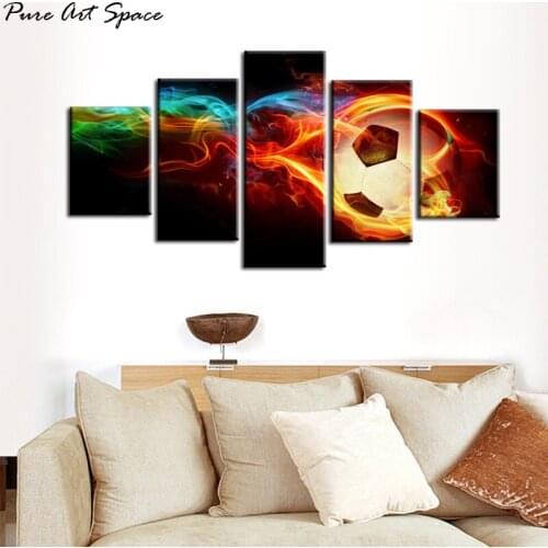 5 Piece Wall Art Canvas Prints Flaming Soccer Paintings Modern Football Pictures Poster Soccer Living Room Wall Decor