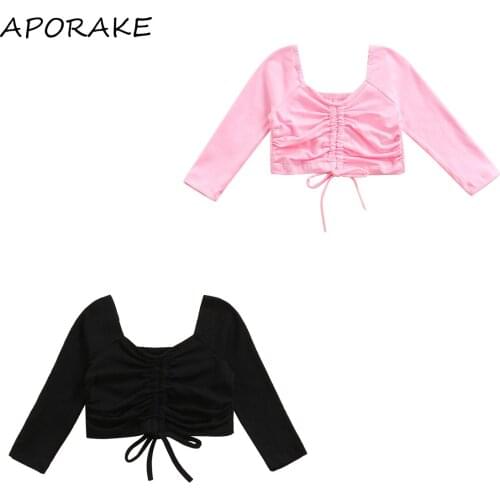 2021 1-6Y Fashion Girls Front Drawstring Blouse Casual Solid Color Long Sleeve V Neck Ruched Crop Tops Spring Fall Tee