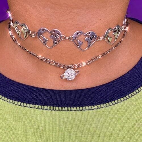 Personality love earth chain necklace men and women fashion hip hop couple Pendant Silver retro jewelry neck chain