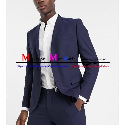 Formal Business Slim Fit Dark Blue Men Suit Casual Wedding Groom Tuxedo Male Fashion Blazer 2 Pieces Prom Party Best Man Costume